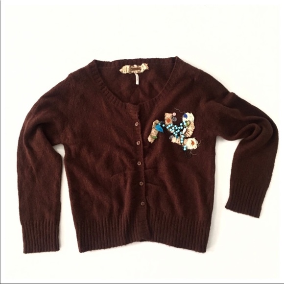 Free People Cropped Embellished Cardigan Wool S - Picture 2 of 8